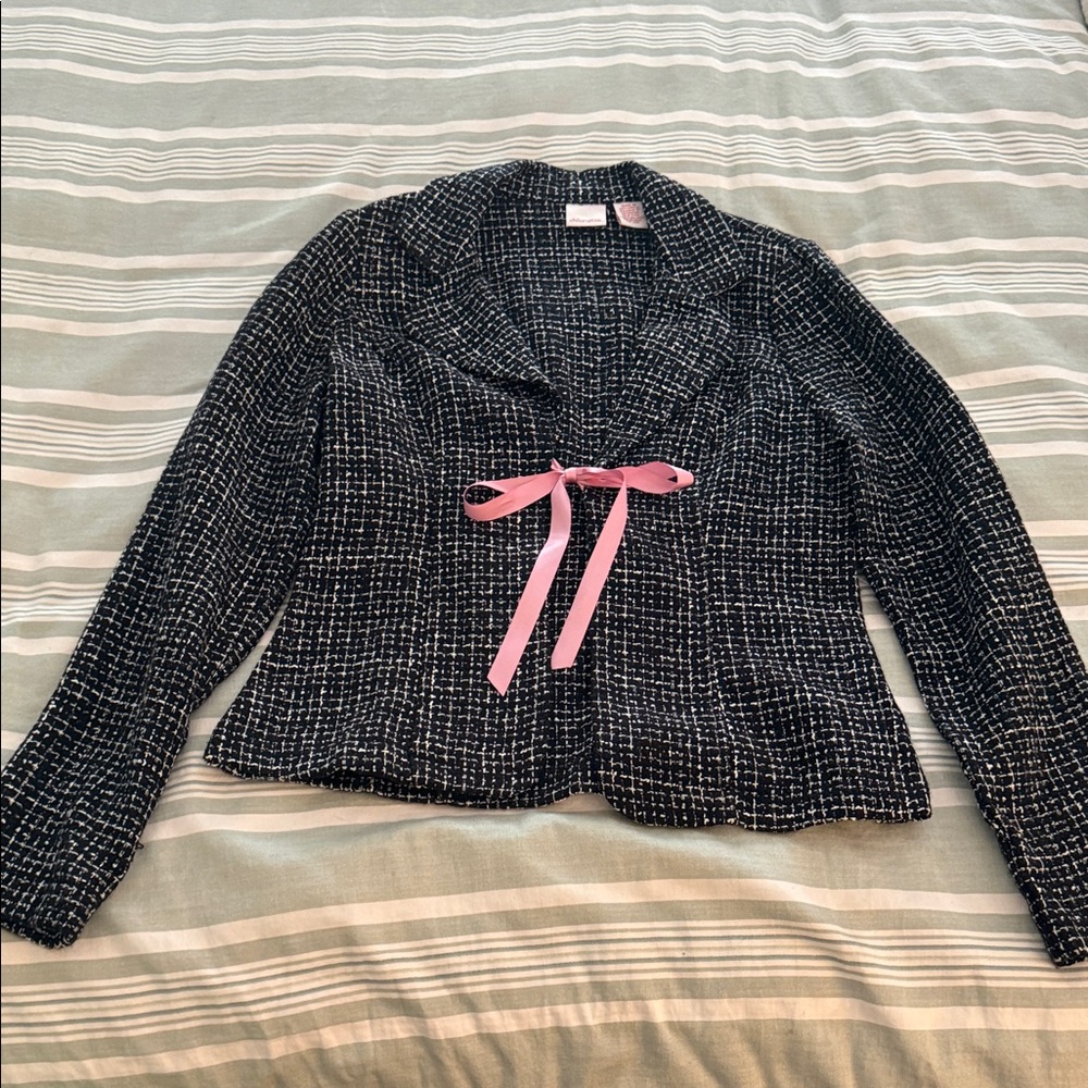 Vintage Women's Black and Pink Tweed Jacket